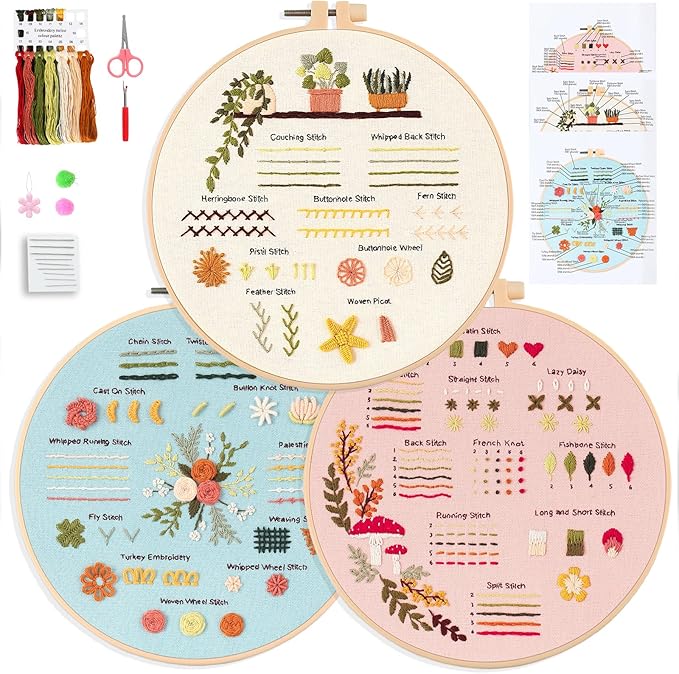 JOINRUN Beginner Embroidery Kit for Adults, 3 Pack Cross Stitch Kits with Pre-Printed Patterns, Threads, Needles, Learn Stitches with 7.8" Hoop, Video Tutorial, DIY Needlework Craft Gift for Women