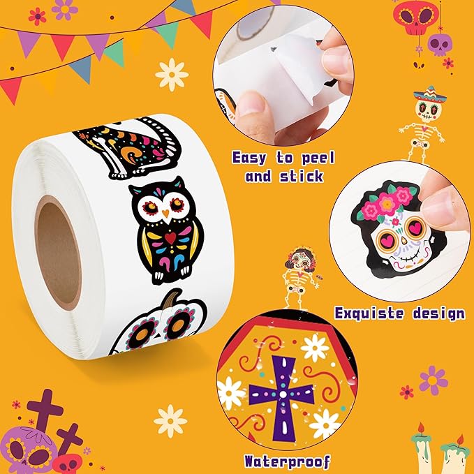 beyumi sugar skull roll stickers - 1000pcs day of the dead stickers in 2 rolls dia de los muertos sugar skull decals for kids halloween mexican festival party supplies classroom guitar bottle decor