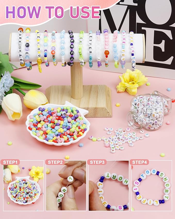 500PCS FIVEIZERO Letter M Beads, 4x7mm Colored Round Letter Beads, Acrylic Assorted Alphabet Beads for Friendship Bracelet Making and DIY Crafts