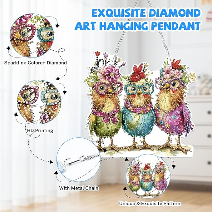 Bowetile Hanging Diamond Art Chicken Kits for Adults, 5D Special Shape Diamond Painting Chicken Kits, Animal Diamond Gem Art Suncatchers Painting Pendant Ornament for Home Garden Wall Decor