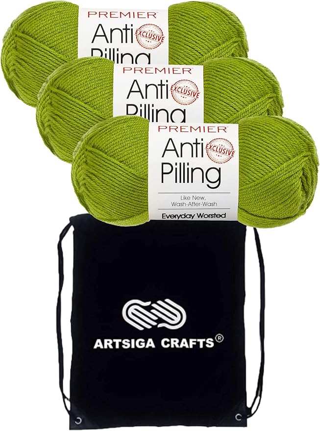 Premier Yarns Everyday Anti-Pilling Solid Kiwi DN100-16 (3-Skeins - Same Dye Lot) #4 Worsted Weight Acrylic Yarn for Crocheting and Knitting with Project Bag