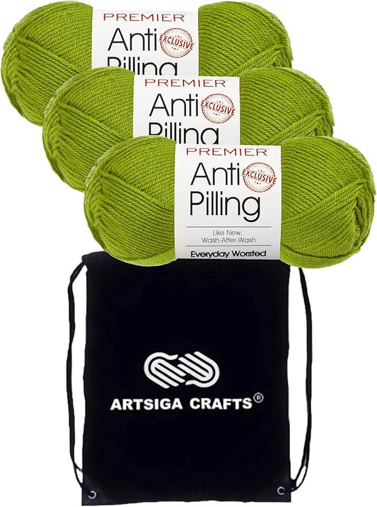 Premier Yarns Everyday Anti-Pilling Solid Kiwi DN100-16 (3-Skeins - Same Dye Lot) #4 Worsted Weight Acrylic Yarn for Crocheting and Knitting with Project Bag