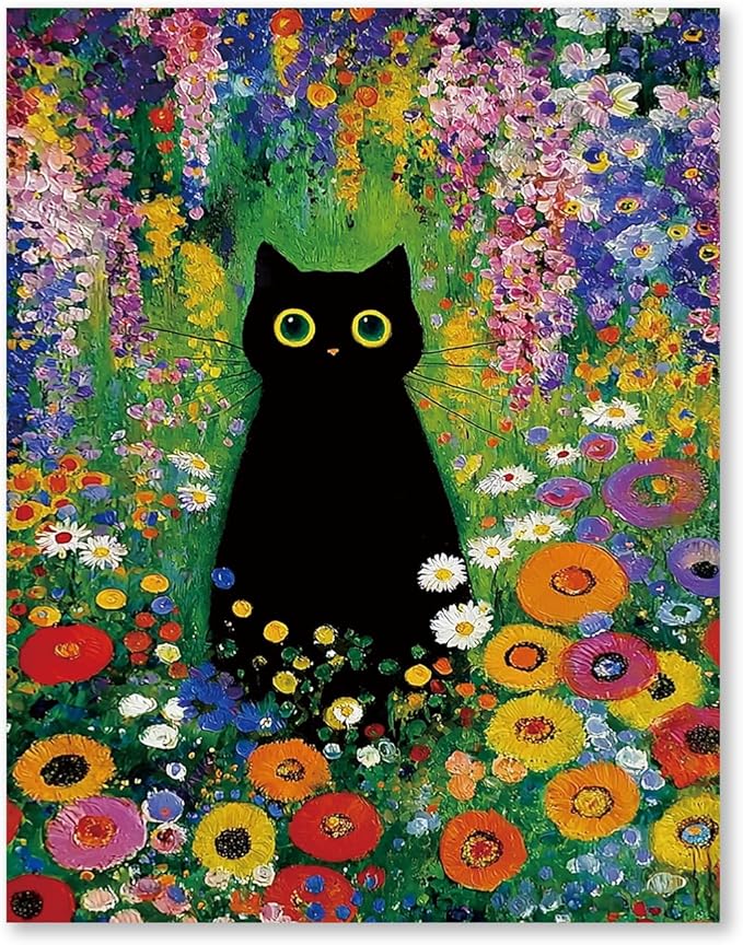 RLTXBUK Vintage Floral Black Cat Cross Stitch Kits, Cottagecore Colorful Wildflower Kitten Stamped Counted Cross Stitch Kits for Adults, Black Cat Mom Lovers Gifts, 11.8x15.8 Inch