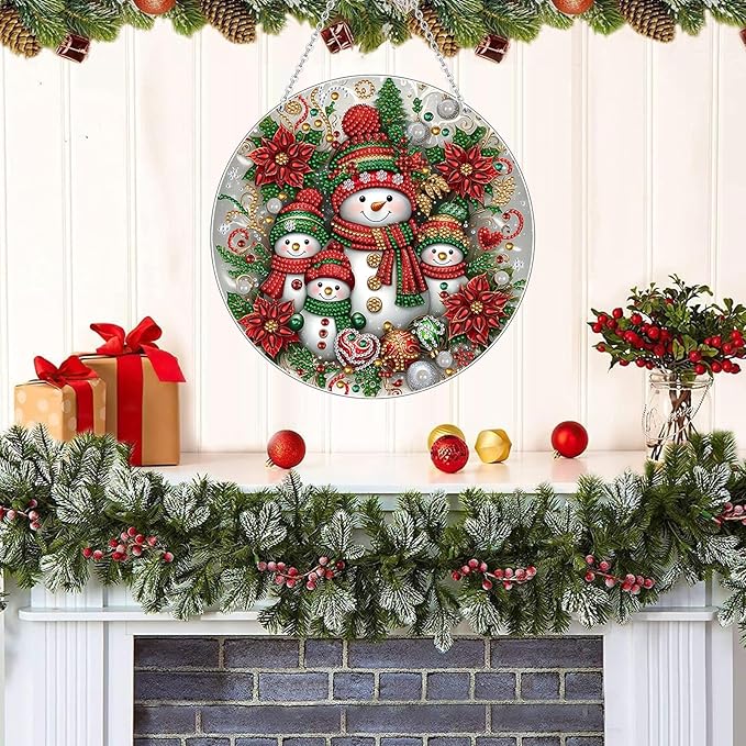 Diamond Art Hanging Kits for Adult, Christmas Diamond Art Crafts Decor, 5D DIY Acrylic Diamond Art Painting Ornaments, Window Pendants Wall Hanging Kits for Home Garden (Snowman)