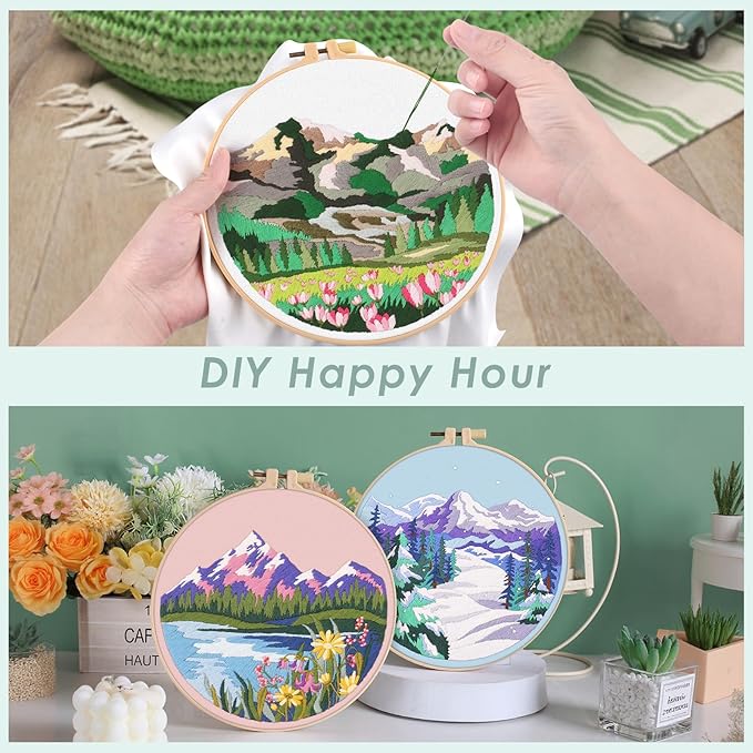 ERKOON Embroidery Kit for Beginners, 5 Sets Flower Cross Stitch Set for Adults Include Embroidery Cloth Hoops Threads for Craft Lover Hand Stitch with Skill Techniques (Landscape)