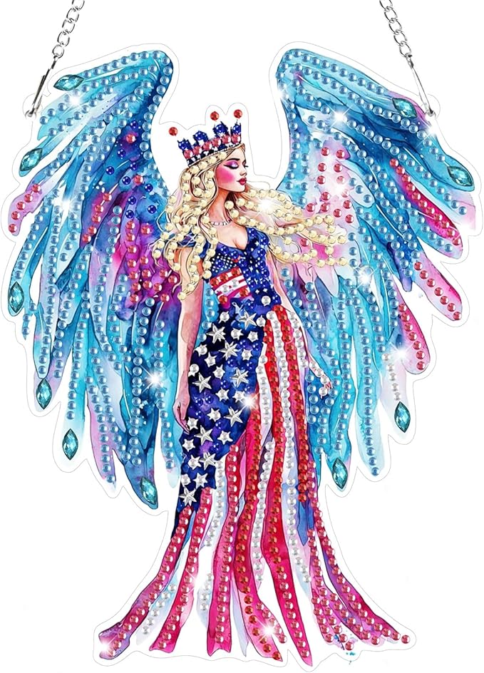 Bowetile Independence Day Fairy 5D Diamond Art Hanging Kits for Adults, 4th of July Diamond Painting USA Window Pendant Kits, Special Shape Gem Art Suncatcher Ornament for Home Garden Wall Decor