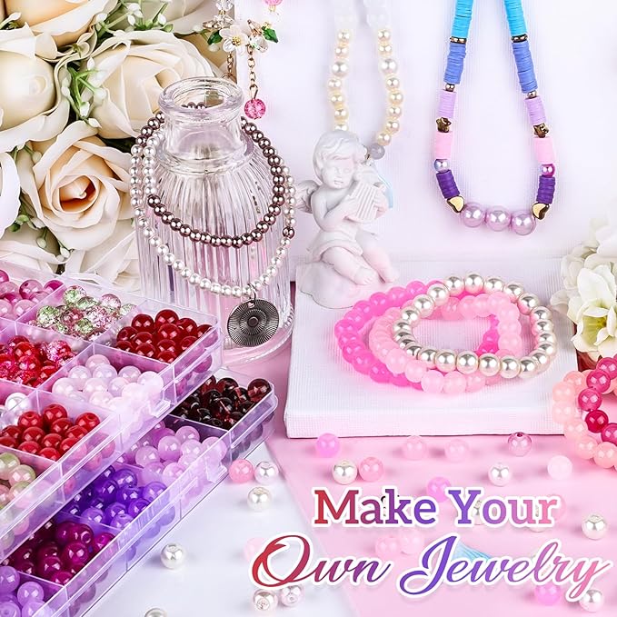 XSEINO About 1200PCS 8mm Glass Beads Bracelet Making Kit，48 Assorted Dreamy Red and Purple Series Colorful Crystal Beads for Bracelet and Jewelry Making and DIY Crafts,Friendship Bracelets