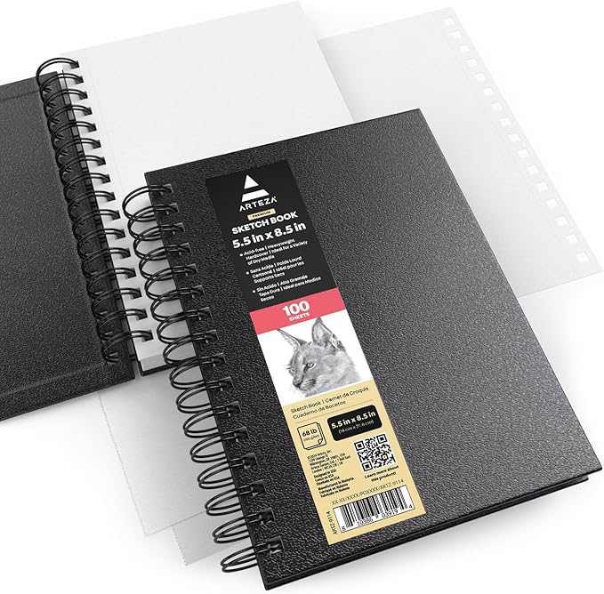 ARTEZA Spiral Sketch Book 5.5x8.5 Drawing Pad 3 Pack 100 Sheets Sketch Pads for Drawing for Adults & Teens