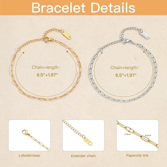 Swyabi 10 PCS Paperclip Chain Bracelet Kit 6.5 Inch Stainless Steel Charm Bulk Bracelets with Extender for DIY Jewelry Making (Gold + Steel）