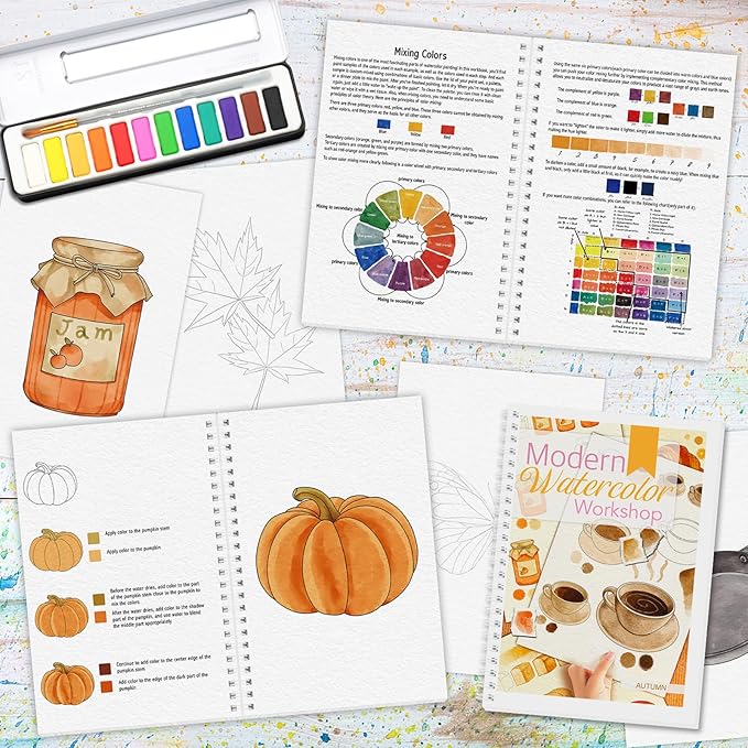 Watercolor Workbook, Watercolor Workbook Paint Book Beginner Friendly with 12 Patterns, Beginner-Friendly Watercolor Workbooks with 12 Paint Colors & Brush, Water Color Paint Set, Valentine's Day Gift