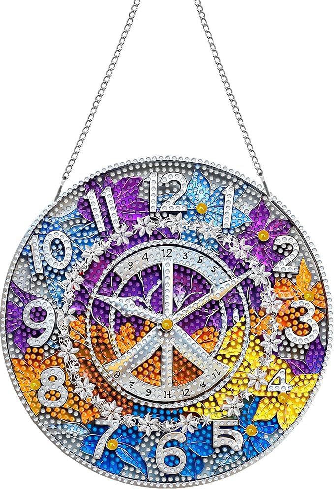 Hanging Diamond Art Kits for Adults Clock – 8x8 Inch Double-Sided Acrylic Board DIY Crystal Diamond Suncatcher Pendant, Sparkling Home Wall or Window Decoration Handmade Gift