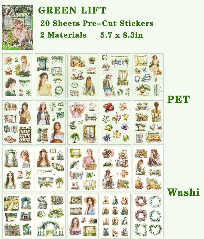 Stickers for Journaling, 20 Sheets Green Life Junk Journal Sticker, PET Washi Materials Scrapbooking Supplies for Adults, People Planner Transparent Decorative Art Crafts