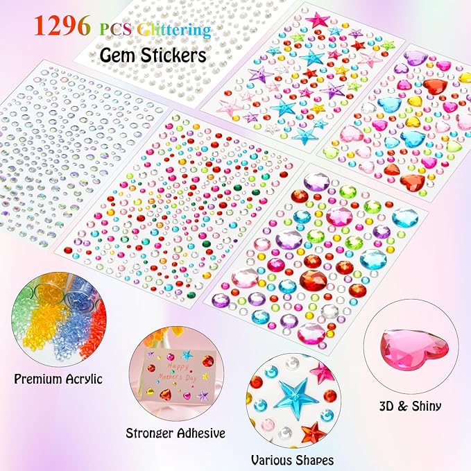 1296 pcs Easter Gem Stickers Rhinestones for Crafts, Sparkling Cute Star Heart Round Small Stickers for Women Adults, Glitter Jewels Stickers for Face Eye Body Makeup, DIY Decoration WUINOID
