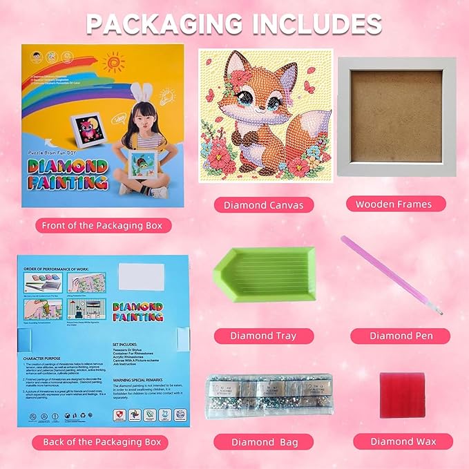 Fox Diamond Art Painting Kits for Kids with Frame, Animal Diamond Art for Kids Ages 4-8-12 with Frame, Easy Small Cute Gem Painting Kit for Gift Home Wall Decoration (7x7 inch)