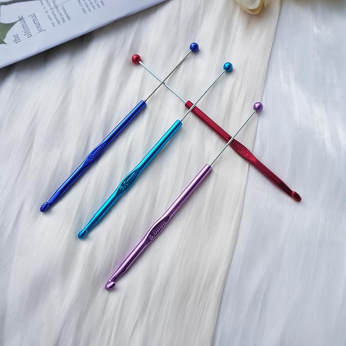 6 Pack DIY Beadable Crochet Hooks Knitting Needles Set Aluminum Handle for Focal Beads Colors (Blue Purple Red Orange Pink Light Blue, 6 mm)