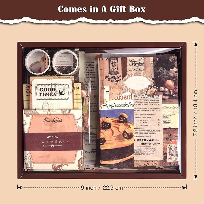 scrapbook supplies kit, vintage junk journaling supplies, scrapbooking kit with aesthetic ephemera stickers, stationary set, bullet journaling kit, collage craft supplies gift for adults women starter