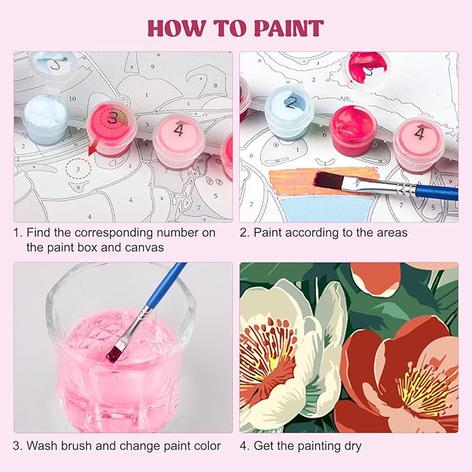 MXJSUA 4 Pack Peony Flowers Framed Paint by Numbers Kit with Canvas for Adults Beginner, DIY Acrylic Oil Painting Kits with Brushes for Home Wall Decor Gift (8x8 inch)