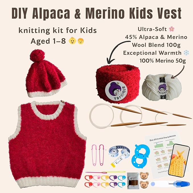 yarnique learn to knit kit for beginners - complete baby knitting kit with italian boucle & merino wool - beginner knitting kit for adults moms - diy baby vest & hat starter set with video tutorials