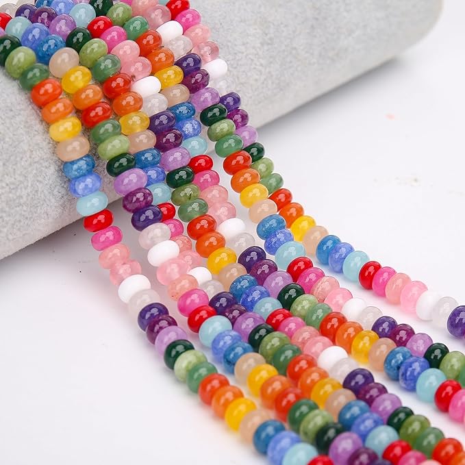 2 Strands (150PCs) Mix Color Jade Rondelle Beads, 5 * 8mm Gemstone Loose Spacer Abacus Disk Beads for DIY Bracelet Necklace Earrings Jewelry Making, Craft Supplies Beading Kit