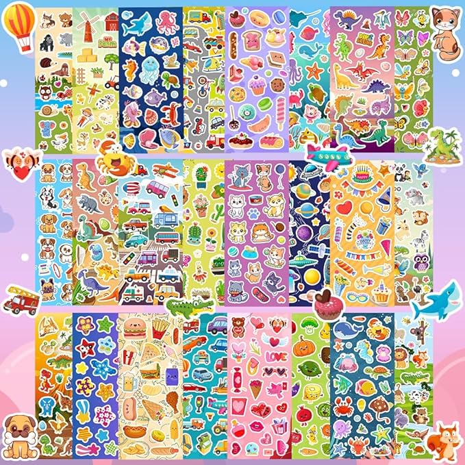 24 sheets stickers for kids & toddlers, cute kids stickers variety pack for scrapbooking, teachers classroom prizes, goodie bag stuffers including animals, cars, dinosaurs, fishes, hearts and more