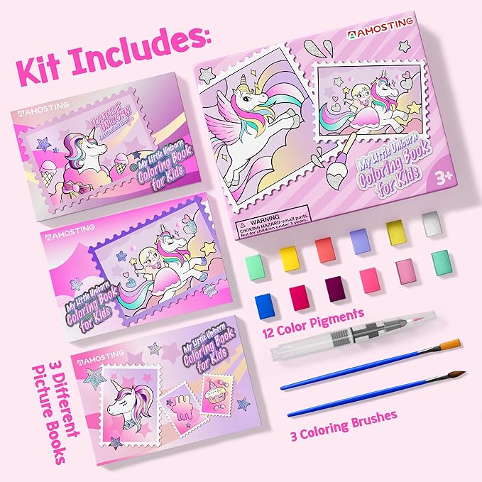AMOTING Paint with Water Coloring Books for Toddlers, Mess Free Watercolor Painting Set for Kids Ages 3-8, Art Craft Drawing Toy, Birthday & Christmas Gift for Girls & Boys (Magical Unicorn)