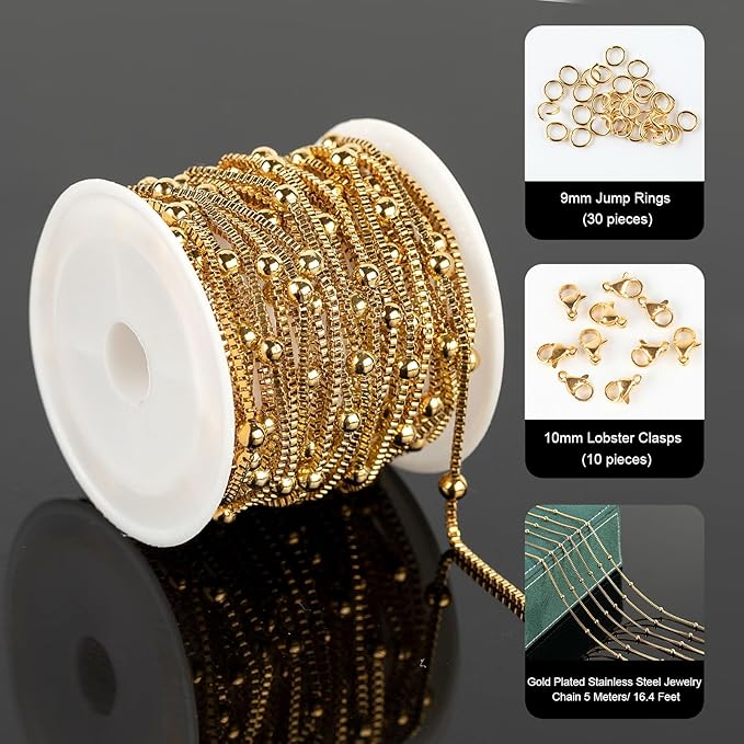 UMAOKANG 16.4 Feet Stainless Steel Chains for Jewelry Making Gold Plated Jewelry Chain Roll Bead Box Link Chain DIY Jewelry Making Chains Bulk