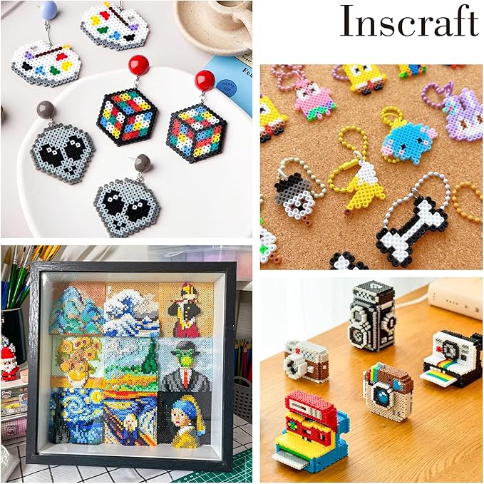 inscraft 28,000 mini fuse beads, 2.6mm 48 colors melty beads with 7 pegboards 15 ironing sheets 2 tweezers 2 ironing papers & 6 chain accessories