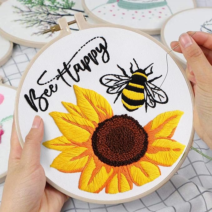Louise Maelys Embroidery Kits for Beginners,Cross Stitch Kit for Adults,DIY Needlepoint with Bee Sunflower Pattern-Bee Happy