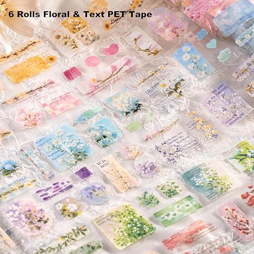 6 Rolls Floral Pre-Cut PET Sticker Tape Set, 1.97in x 78.7in Each, Vintage Botanicals & Script for Scrapbook Journals, Planners, DIY Décor