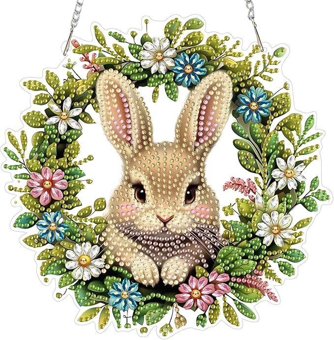 MOGTAA Easter Bunny Diamond Art Hanging Kits for Adults Beginners, Flwoers Landscape Diamond Art Suncatchers, 5D Special Shape Diamond Painting Window Pendant Kit for Home Garden Wall Decor