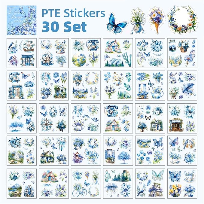 Blue Butterfly Garden Theme Sticker Scrapbooking Supplies for Junk Journal, 30 Sheets PET Stickers - Vintage Journaling Stickers, Ephemera Sticker Book Pre Cut(TZ-005-002)