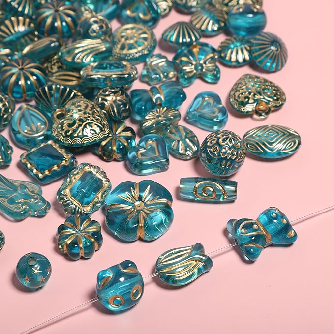 7.5 OZ Assorted Vintage Acrylic Beads For Jewelry Making, Song Xi Unique Flower Rose Czech Beads For Bracelet Earrings, Bohemia Style, Bulk, Arts and Crafts, DIY Holiday Gift (240-260 PCS, Bule-Green)