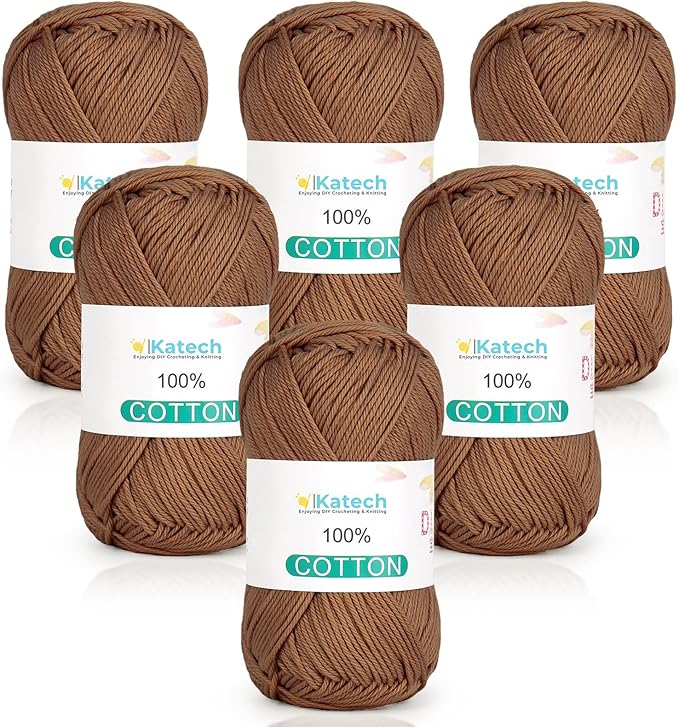 Katech Pure Cotton Yarn for Crocheting & Knitting–Soft Sport Weight CYC #2, 6 Skeins (50g Each, 300g Total), Ideal Crochet Yarn for Dishcloths, Baby Clothes, Socks, Lightweight Scarves（Light Khaki）