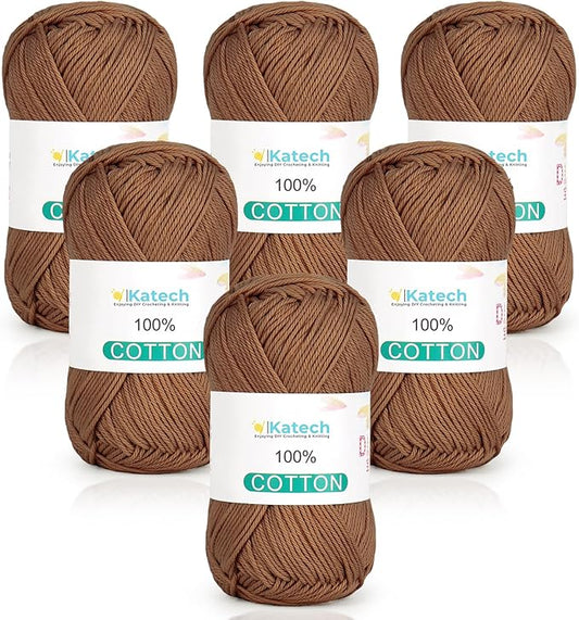 Katech Pure Cotton Yarn for Crocheting & Knitting–Soft Sport Weight CYC #2, 6 Skeins (50g Each, 300g Total), Ideal Crochet Yarn for Dishcloths, Baby Clothes, Socks, Lightweight Scarves（Light Khaki）