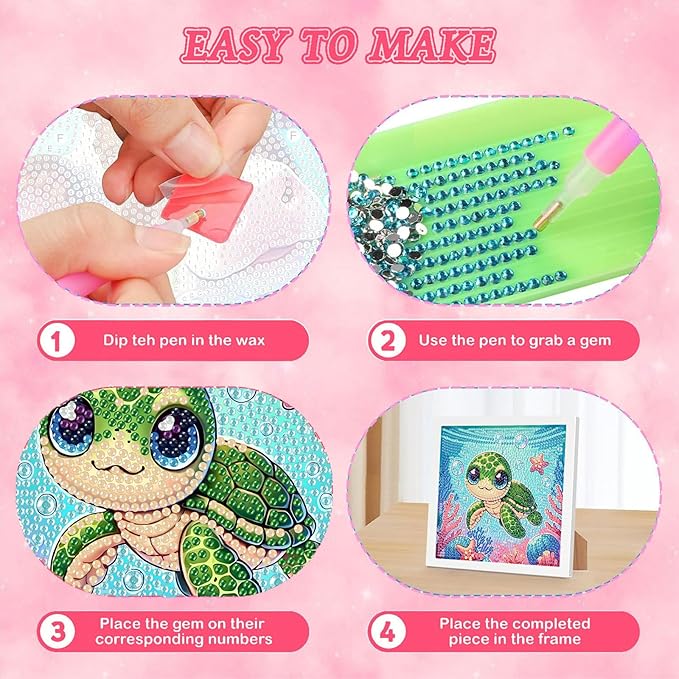 Sea Turtle Diamond Art Painting Kits for Kids with Frame, Turtle Diamond Art for Kids Ages 4-8-12 with Frame, Easy Small Cute Animal Gem Painting Kit for Gift Home Wall Decoration (7x7 inch)
