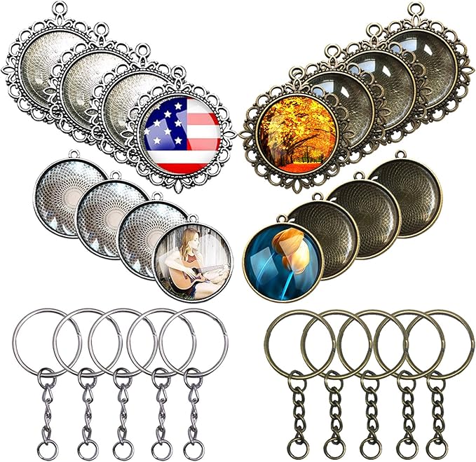 Allazone Round Double-Sided Pendant Trays and Glass Cabochon with Key Ring for Bracelet Necklace Crafting DIY, Gift Making by Seasonsky