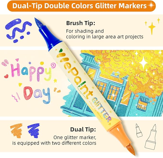 WePaint 48 Colors Glitter Markers, 24 Pack Dual Tip Glitter Brush Pens, Shimmer Pens Water-based Ink, Glitter Paint Pens for Adults DIY Crafts, Card Making, Coloring Books, Writing, Scrapbooking
