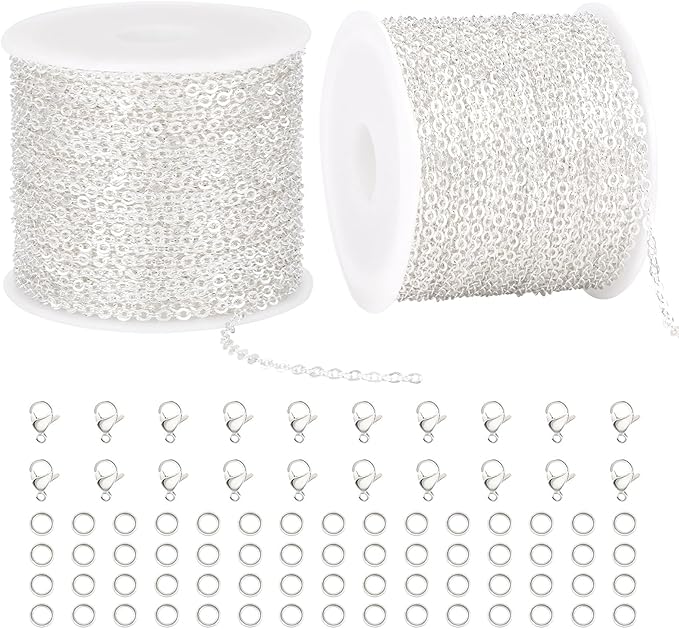 Crisjanggo 2 Rolls 65.6 Feet Stainless Steel Silver Chains for Jewelry Making Silver Plated Chain Roll Necklace Bracelet Jewelry Supplies for Women DIY