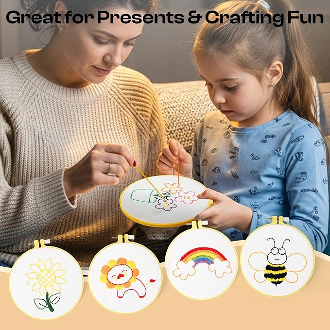 Pllieay 6PCS Embroidery Kit for Beginners, Needlepoint Kits for Beginners with Patterns, 6.5" Embroidery Hoop, Threads, Needles, Instructions, Kids Cross Stitch Kits Supplies for Girls Boys Ages 6+