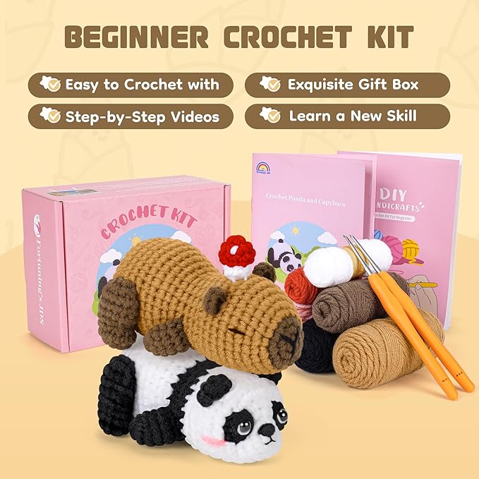 fortuning's jds crochet kit for beginners, panda & capybara crochet animal kits, easy crochet kit for adults, complete diy craft knitting kit w/step-by-step video tutorials christmas gifts
