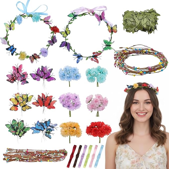 KorViSHOW DIY Flower Crowns Making Kit, 100 Pcs Make Your Own Butterfly Floral Headband Making Kit, DIY Creativity Fairy Flower Hair Accessories Craft Set for Women Birthday Party Arts Creative Gifts