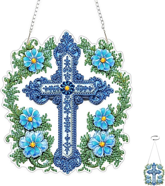 TOSTOG Cross Diamond Art Hanging Kits for Adults, Cross and Flowers Diamond Painting for Adults Window Pendant, Special Shape Diamonds Diamond Painting Hanging Pendant Kit for Wall Home Decor Gift