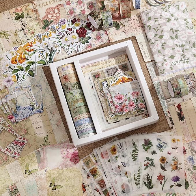 Vintage Botanical Scrapbooking Supplies Kit, Aesthetic Flower Scrapbook Kit for Bullet Junk Journal, 12 Rolls Washi Tape, Stickers Papers for DIY Journaling Supplies, Craft Gift for Girl Women