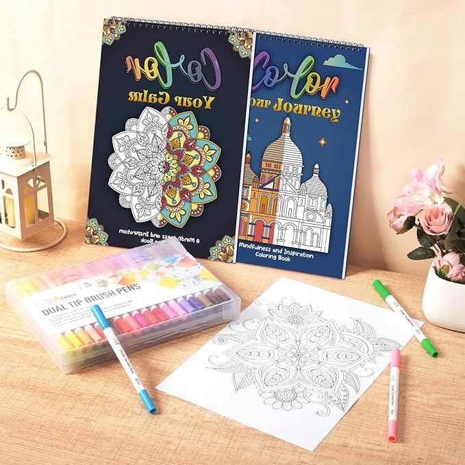 8.3×11.7in Adult Mandala Coloring Book Set for Relaxation, 2 Pack Spiral Bound Coloring Books for Women with 36 Colors Markers, Mindfulness Stress Relief 40 Patterns for Adults, Teens, Ideal Gift