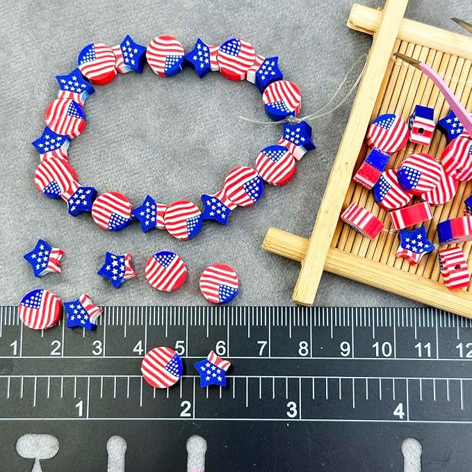 100Pcs America Flag Polymer Clay Loose Spacer Beads, Mixed Color Cute Beads Charms for DIY Hair Clip Necklace Bracelet Jewelry Earring Handmade Craft Making Supplie