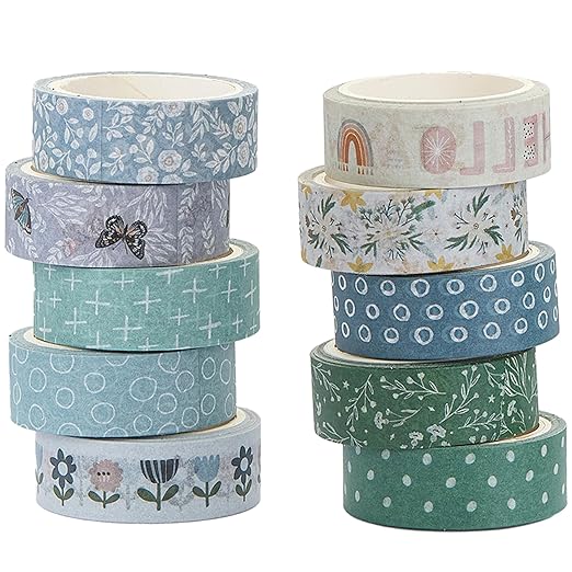 YUBX Boho Washi Tape Set 10 Rolls Cute Masking Graphic Floral Pattern Decorative Tapes for Arts, DIY Crafts, Journals, Planners, Scrapbook, Wrapping (Cool)