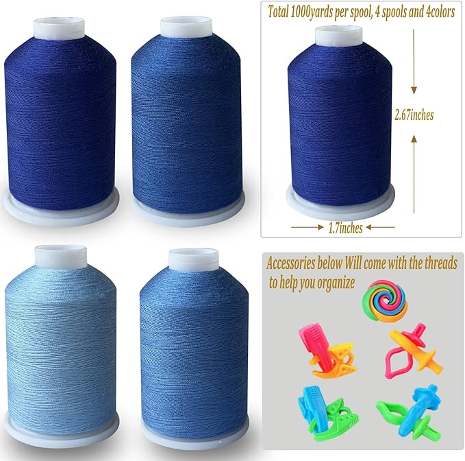 Sewing Thread Set, 4 Colors (Navy Blue), 40s/2, 100% Polyester, 4000 Yards (Blue Series)