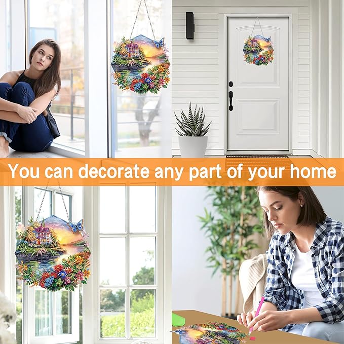 Ginfonr Diamond Painting Kits Hanging Pendant, Landscape Diamond Art Kits for Adults, Special Shaped Rhinestone Butterflies Diamond Art, Double Sided Spring Hanging Kits for Garden Window 8 x 8inch