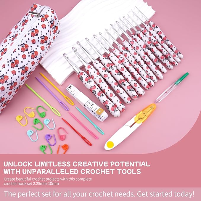 Weabetfu Crochet Hook Set 14Pcs Hand-Rubber Crochet Needles 2.25mm(B)-10mm(N) Streamline Crochet Hooks for Arthritic Hands Rose Metal Knitting Needles with Storage Case