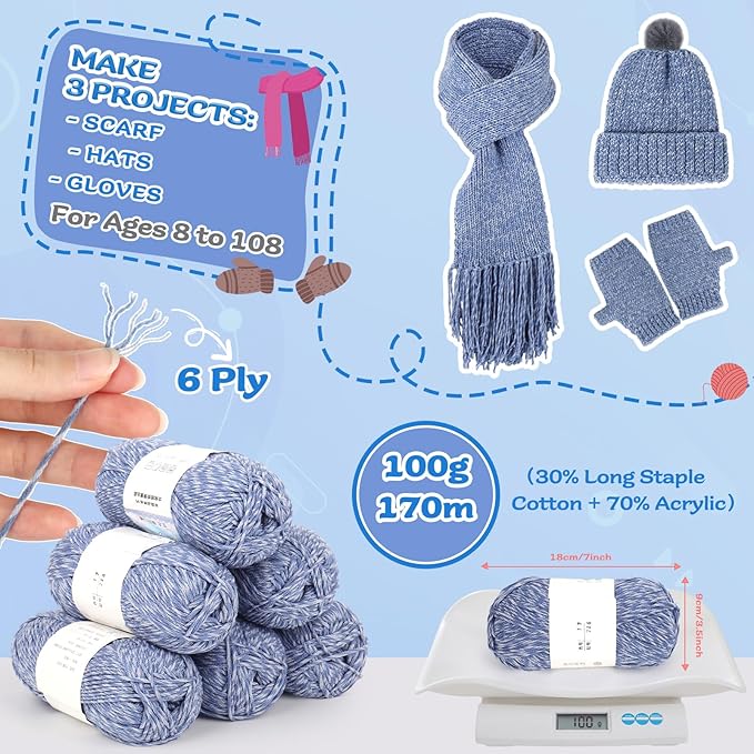 coopay knitting kit for beginners, complete knitting kits learn to knit hat scarf glove, knitting starter kit for adults w/yarn, knitting set w/step-by-step instruction tutorial, 4pcs knitting needles